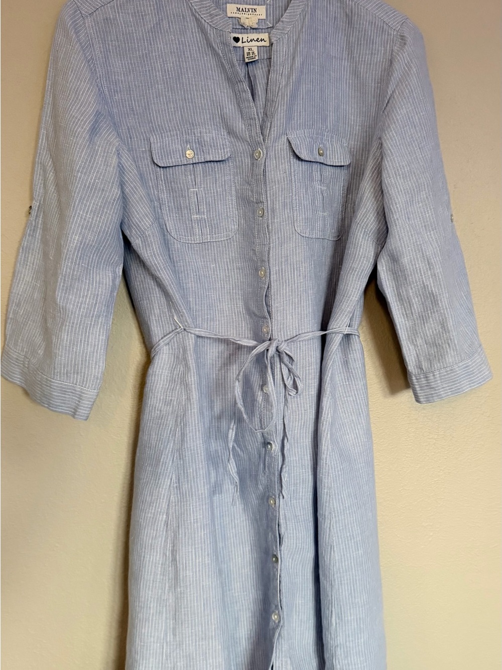 Malvin I Love 100% Linen Blue White Striped Shirt Dress in women's size XL